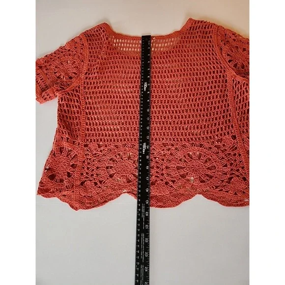 Ultra Pink Womens Crochet Top L Orange Open Knit Layering Boho Festival Cottage - Picture 8 of 9
